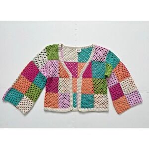 BIBI Crochet Cardigan Granny Square Boho Colorful Retro Festival Sweater- Size S